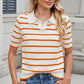 Striped Johnny Collar Short Sleeve Sweater