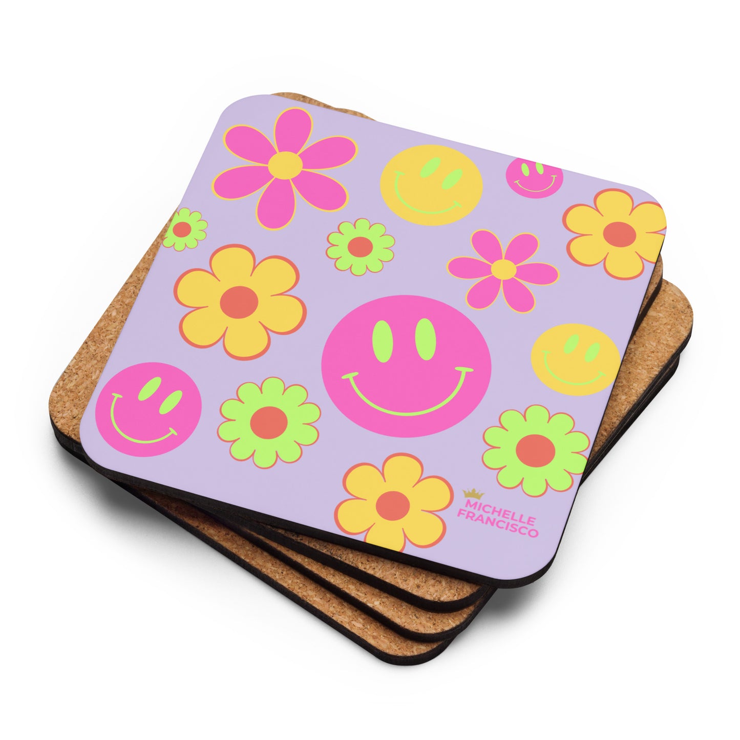 Smiley Flowers Cork-back Coaster