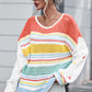 Hollow Striped Color Block Round Neck Sweater