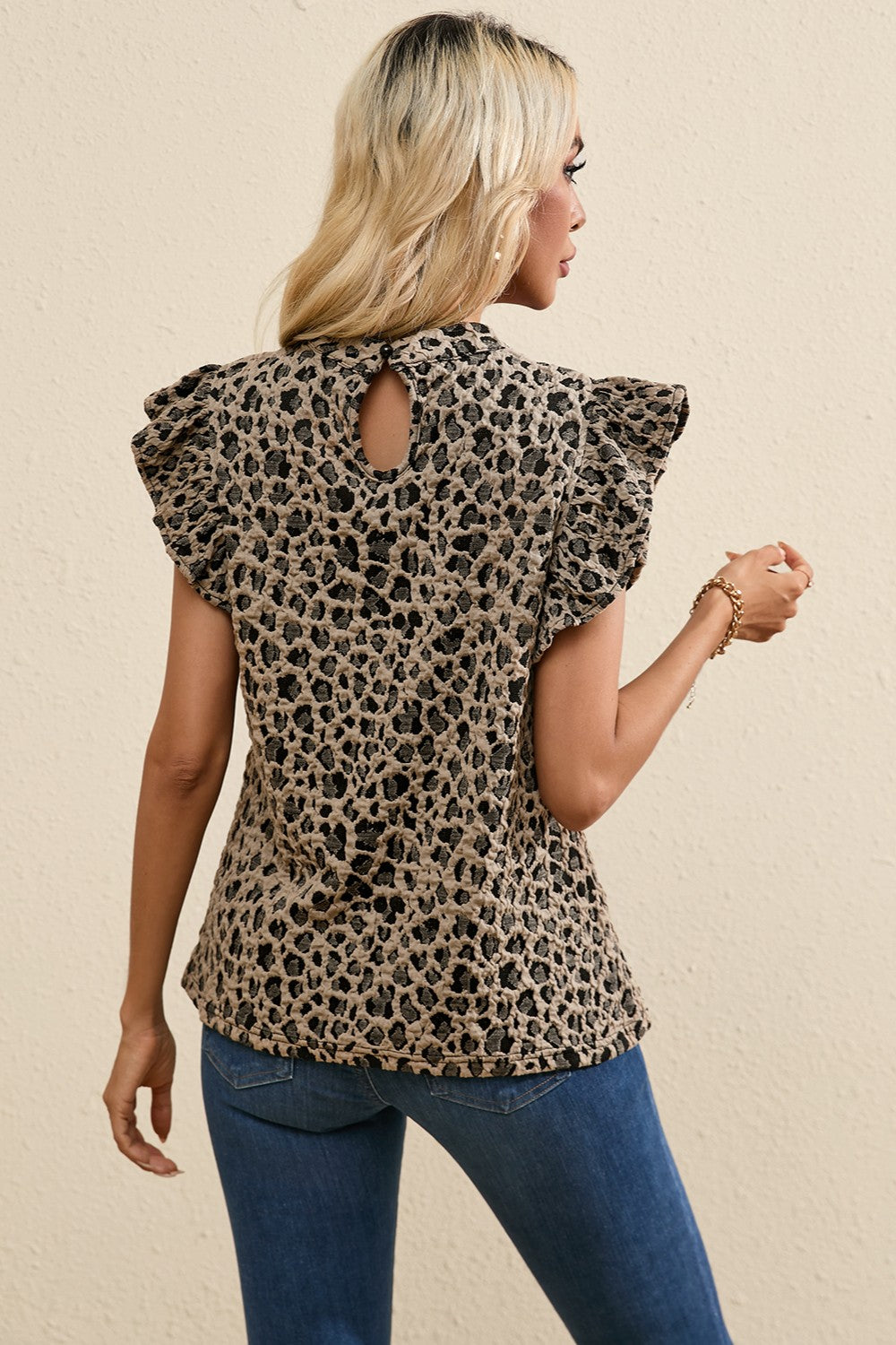 Ruffled Leopard Round Neck Cap Sleeve Blouse