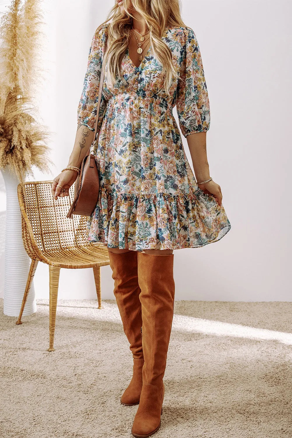 Printed V-Neck Half Sleeve Dress