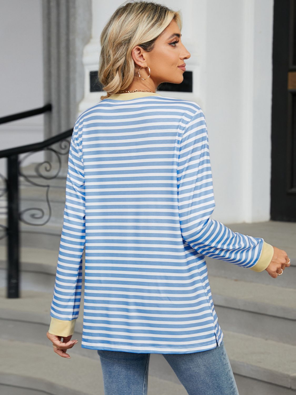 Pocketed Striped Round Neck Long Sleeve T-Shirt