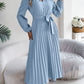 Pleated Tied V-Neck Long Sleeve Dress