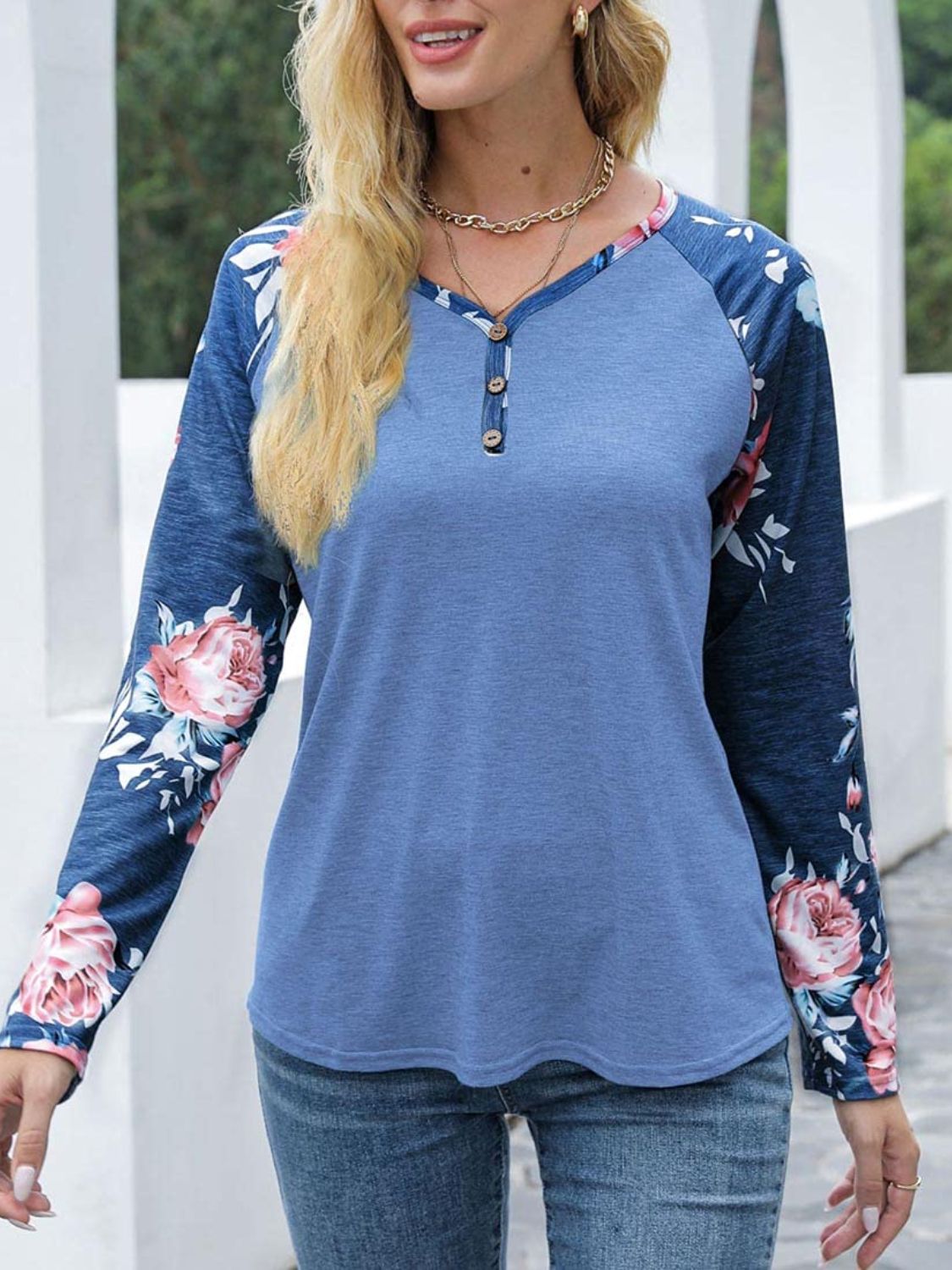 V-Neck Floral Long Sleeve T-Shirt