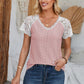 Eyelet V-Neck Lace Short Sleeve T-Shirt