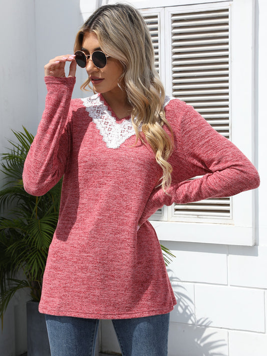 Lace Detail V-Neck Long Sleeve T-Shirt