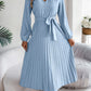 Pleated Tied V-Neck Long Sleeve Dress