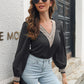 Contrast V-Neck Puff Sleeve Blouse