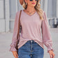 Lace Trim V-Neck Flounce Sleeve Top