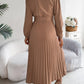 Pleated Tied V-Neck Long Sleeve Dress