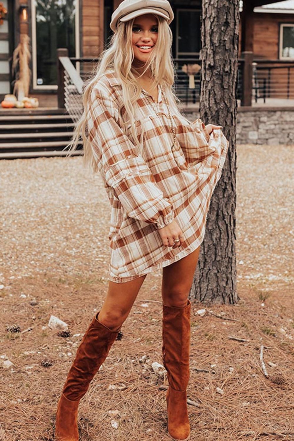 Plaid Collared Neck Long Sleeve Mini Shirt Dress