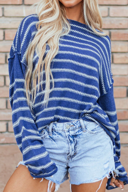 Striped Round Neck Dropped Shoulder Sweater - Michelle Francisco