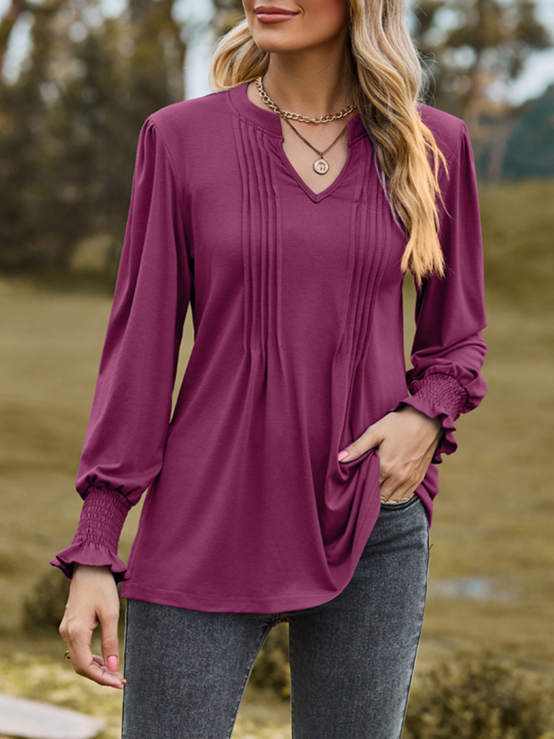 Ruched Notched Long Sleeve T-Shirt