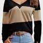 Decorative Button Contrast V-Neck Long Sleeve T-Shirt