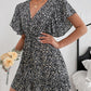 Cutout Ditsy Floral Surplice Flounce Sleeve Dress