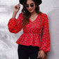 Ruched Printed V-Neck Long Sleeve Blouse