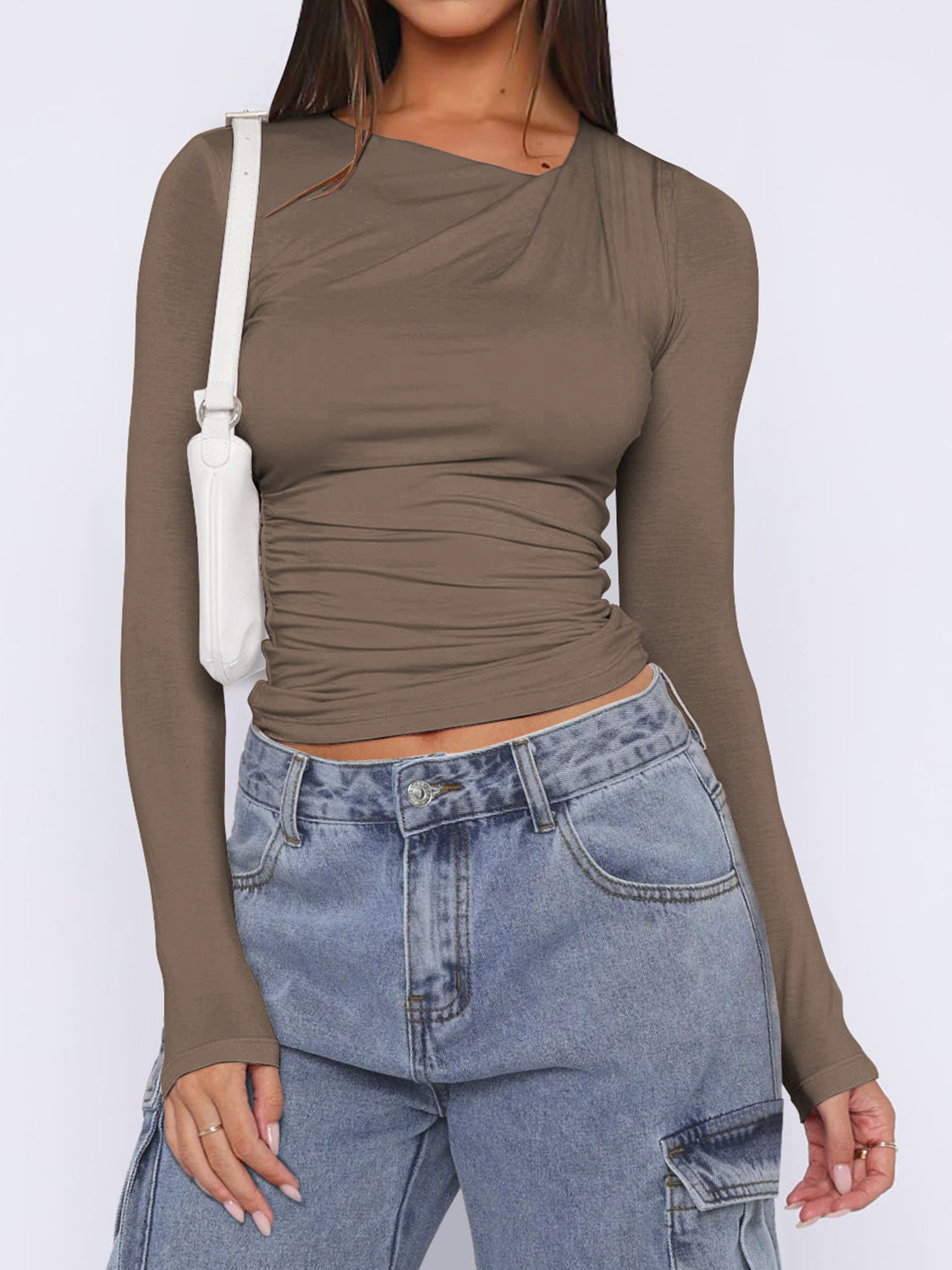 Ruched Asymmetrical Neck Long Sleeve T-Shirt