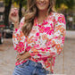 Floral V-Neck Frill Long Sleeve Blouse