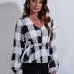 Ruched Printed V-Neck Long Sleeve Blouse