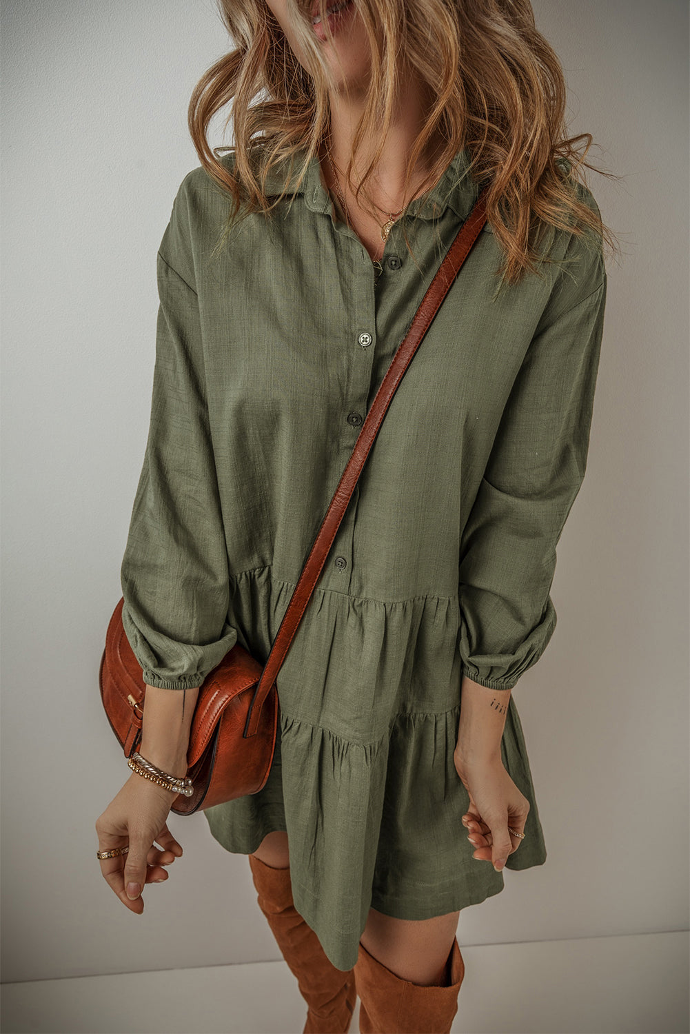 Tiered Collared Neck Balloon Sleeve Shirt Dress