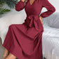 Pleated Tied V-Neck Long Sleeve Dress