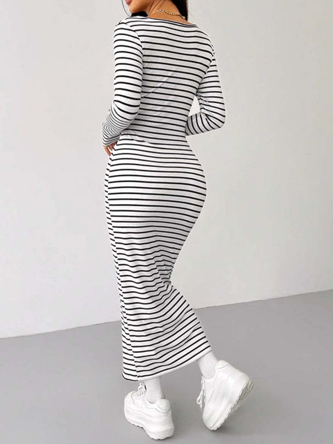 Striped Scoop Neck Long Sleeve Midi Tee Dress