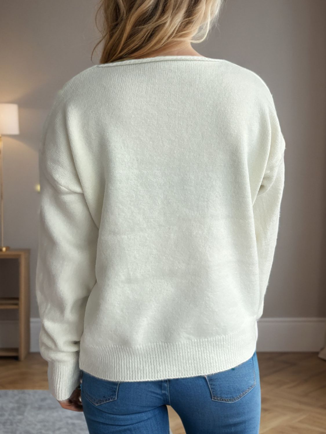 V-Neck Dropped Shoulder Long Sleeve Sweater