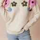 Crochet Flower Round Neck Dropped Shoulder Sweater - Michelle Francisco