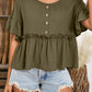 Frill Decorative Button Round Neck Half Sleeve Blouse