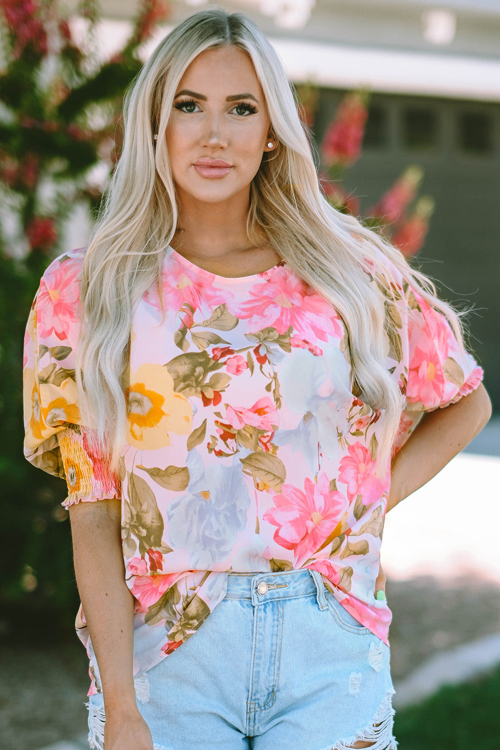 Floral Round Neck Three-Quarter Sleeve Top