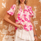 Floral Tie Neck Ruffle Shoulder Blouse