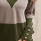 Decorative Button Contrast V-Neck Long Sleeve T-Shirt