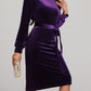 Round Neck Tie Waist Long Sleeve Velvet Dress