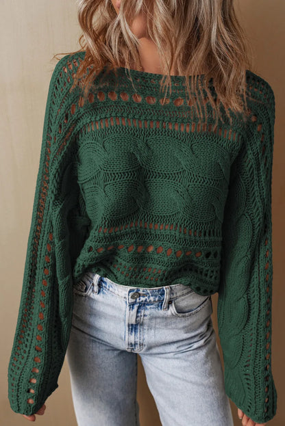 Cable-Knit Openwork Long Sleeve Sweater - Michelle Francisco
