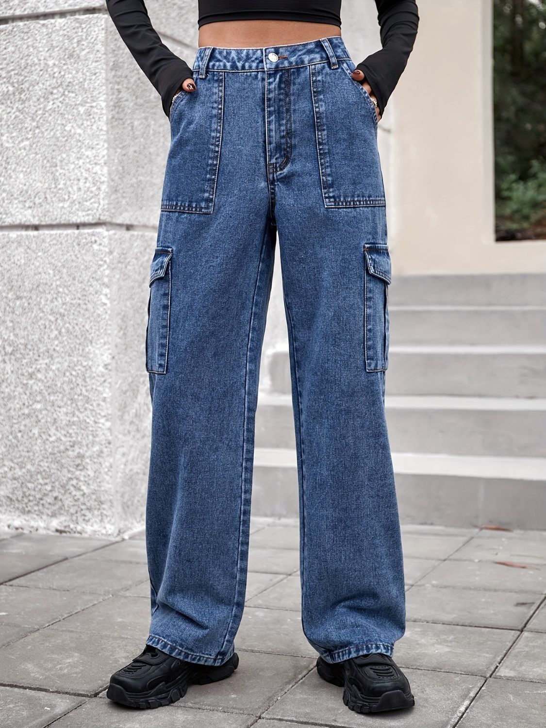 High Rise Straight Jeans with Cargo Pockets