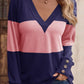 Decorative Button Contrast V-Neck Long Sleeve T-Shirt