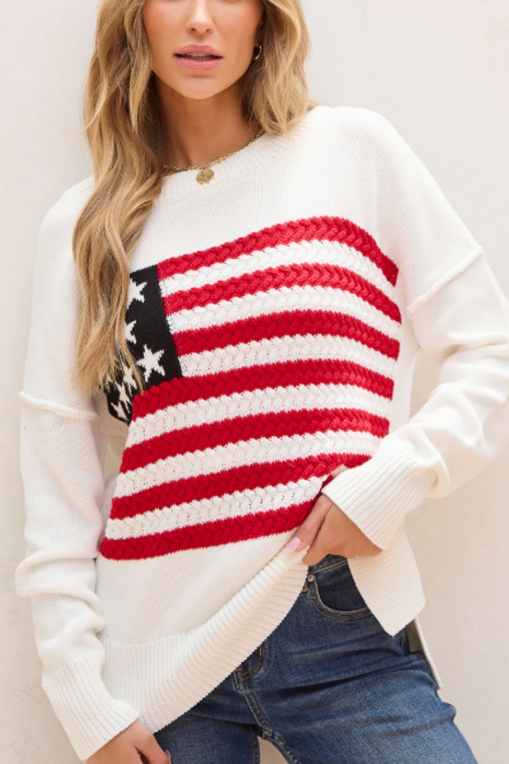 US Flag Side Slit Drop Shoulder Sweater