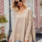 Slit V-Neck Dropped Shoulder Sweater