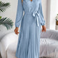 Pleated Tied V-Neck Long Sleeve Dress