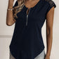 Lace Detail Half Zip Cap Sleeve T-Shirt