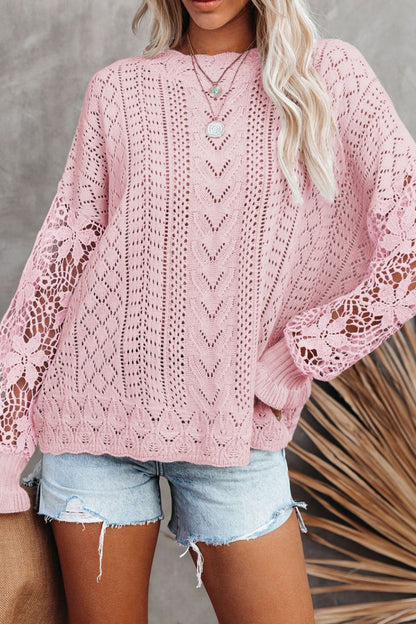Openwork Round Neck Long Sleeve Sweater - Michelle Francisco