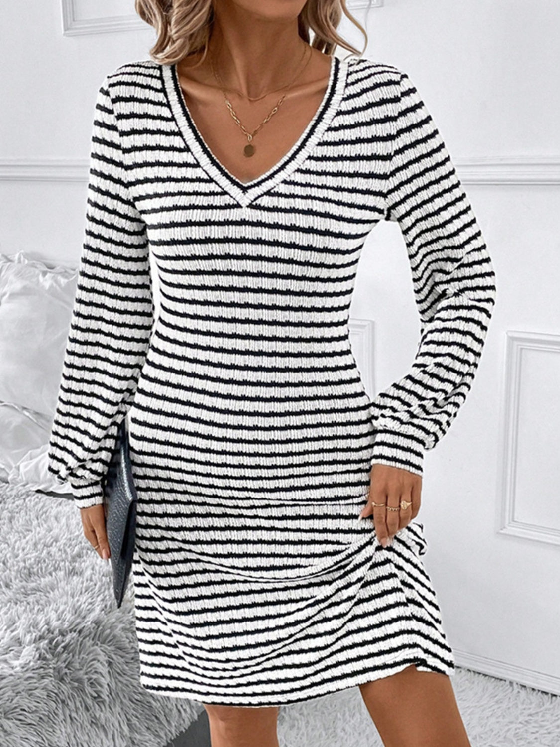 Striped V-Neck Long Sleeve Dress