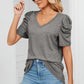 Heathered V-Neck Puff Sleeve T-Shirt