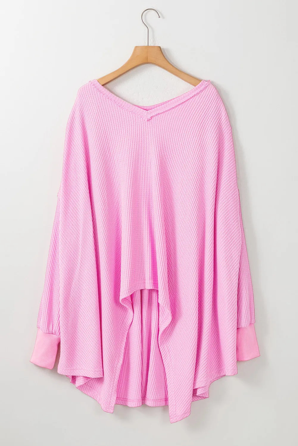 Waffle-Knit V-Neck Long Sleeve Blouse