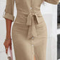 Tied Button Up Collared Neck Roll-Tab Sleeve Dress