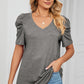 Heathered V-Neck Puff Sleeve T-Shirt