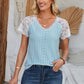 Eyelet V-Neck Lace Short Sleeve T-Shirt