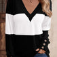 Decorative Button Contrast V-Neck Long Sleeve T-Shirt