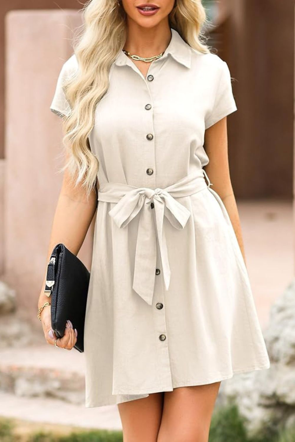 Tied Button Up Short Sleeve Dress