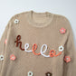 HELLO Flower Round Neck Long Sleeve Sweater